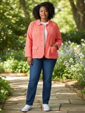 Coldwater Creek Womens 20 Jacket Orange Textured Cotton Pockets Snaps Spring